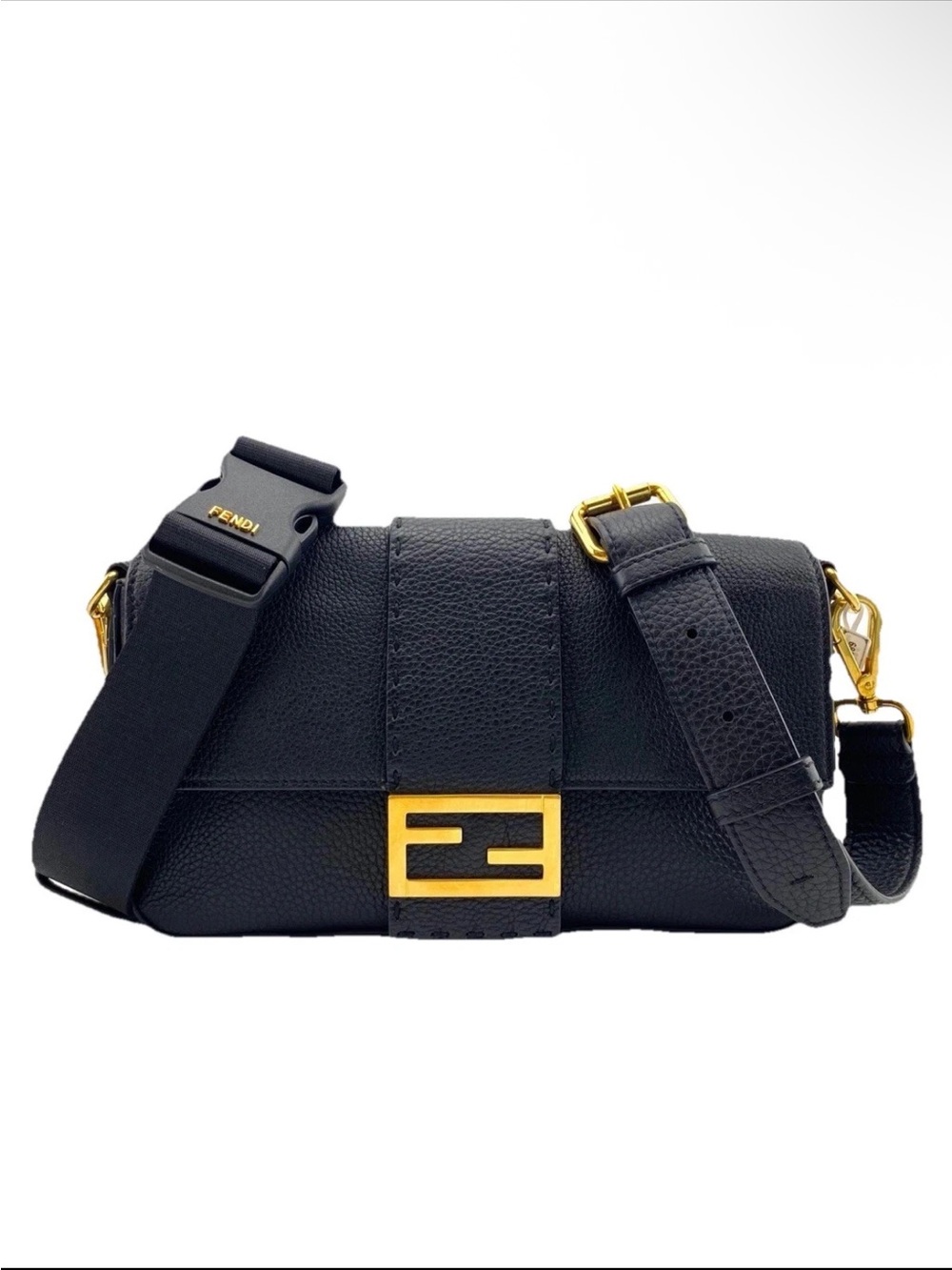 Fendi Baguette Convertible Black Leather Bag with Gold Hardware
